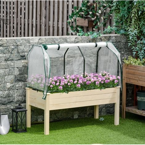 Hochbeet mit aufrollbarer Folienabdeckung, Naturholz, Stoffauskleidung, 121 x 55 x 117 cm OKMYHOME (1/5)