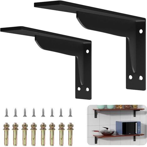 Set of 2 sturdy metal L-shaped shelf brackets, triangular bracket for wall mounting, black, 15 cm (1/5)