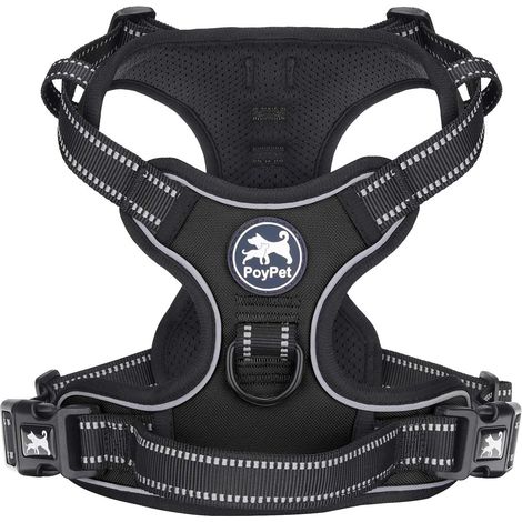 Harnais Anti-Traction pour Chien, Harnais Gilet Réfléchissant avec 2 Attaches de Laisse et Poignée de Contrôle Facile pour Chien Petit Moyen Grand (Noir, S) (1/5)