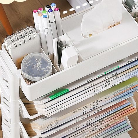 Mobiles Schreibtisch-Seitenregal, Wand-Bücheraufbewahrung, Buchhalter, Hänge-Schreibtischwagen, elegantes Weiß (1/4)