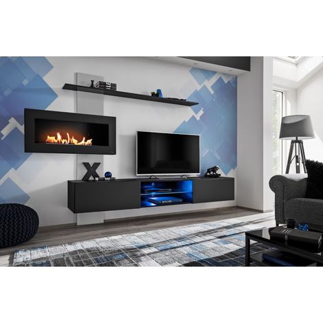 Ensemble de 3 meubles muraux "Flame" avec une cheminée bio - Noir - L 250 x H 170 x P 40 cm - Livraison gratuite