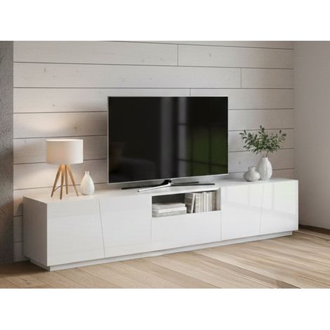 Dmora – Meuble TV moderne 220x43h46 cm – 4 portes, 1 tiroir – Blanc brillant avec éclairage LED – Structure stratifiée résistante (1/5)