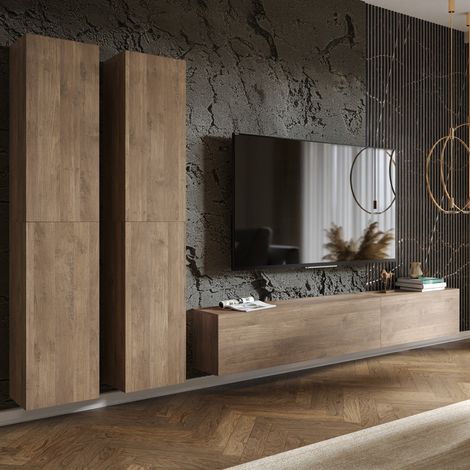 Wohnwand Habaleva, modularer Wohnzimmer-Schrank, 6 Regale, 6 Türen, Walnussbraun (1/4)
