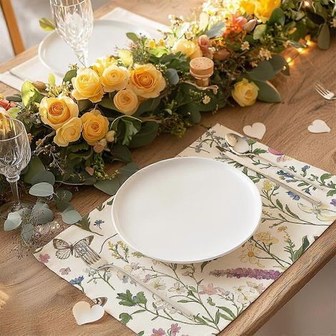 Sets de table fleuris printaniers, 45,7 x 30,5 cm, lot de 4, motif papillons, style champêtre, décoration saisonnière pour intérieur et extérieur, anniversaire, DP07 (1/3)