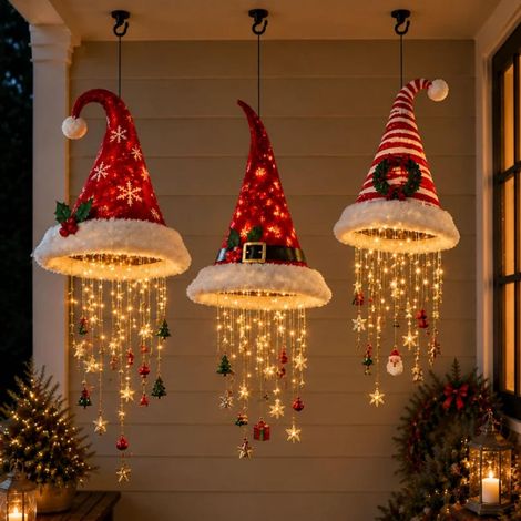 Suspension décorative « Bonnets de Père Noël lumineux » (lot de 3) (1/5)