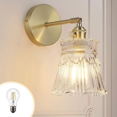 Applique murale vintage en laiton - lampe de chevet - lampe miroir de salle de bain - avec abat-jour en verre à motif floral français - orientable à 180° - chambre - salon (1/3)