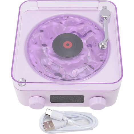 Retro-style Bluetooth speaker with turntable and ambient lighting.