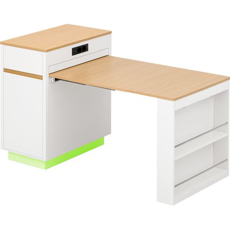 Isola cucina su ruote con tavolo estensibile e piano pieghevole, bianca, MDF (1/5)
