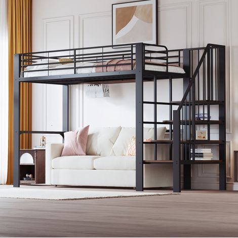 Hochbett 90 x 200 Stabile Metallkonstruktion mit geräumigem Stauraum unter dem Bett und Treppe Ideal für Kinder und Erwachsene Stauraumbett für maximale Platzeffizienz (1/5)