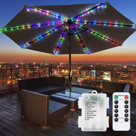 Guirlande lumineuse pour parasol, 104 LED, étanche, à piles, avec télécommande, 8 modes, pour terrasse, jardin et tentes de camping (coloré) (1/5)