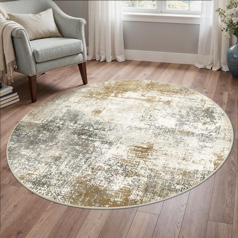 Tapis Salon Rond 135cm Résumé Lavable AntidéRapant Poil Ras, pour Chambre Salle a Manger Descente de Lit Bureau, Cuisine, Beige et Or (1/5)