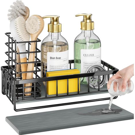 Support pour éponge d'évier de Cuisine – Organiseur d'évier à séchage instantané avec Porte-Brosse – Distributeur de Savon étanche antidérapant pour comptoir de Cuisine et Salle de Bain, Noir (1/5)