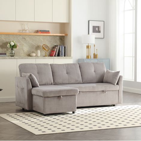 Canapé-lit d’angle 206x108x66 cm gris clair en velours côtelé avec rangement et méridienne réversible (1/5)