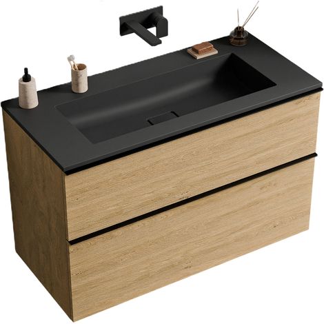 BERNSTEIN - Meuble de salle de bain avec vasque fonte minérale, 2 tiroirs et poignées métal - 80x45,5x62cm (LxPxH) - LAVOA - Couleur meuble, Lavabo et poignée : Noir mat, Chêne Miel doré, Noir mat san