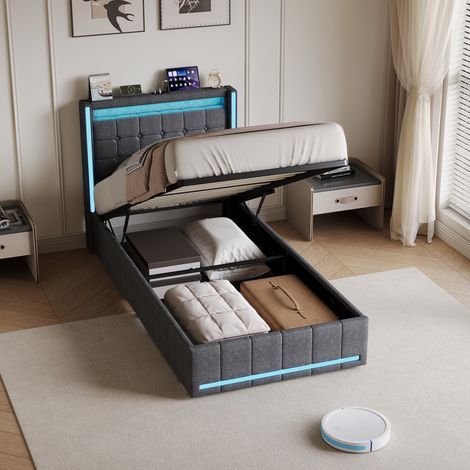 Lit coffre 90x200,lit simple 90x200,lit enfant,lit adulte,lit 1 personne,avec sommier à lattes,LED,USB,tissu en lin,Gris (1/5)