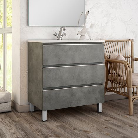 Meuble sous vasque seul, 3 tiroirs, 70cm, pour simple vasque - ciment (gris) - PALMA