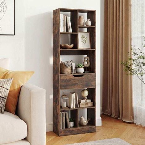 Tall Rustic Brown Bookshelf with 8 Open Cubes and Drawer (1/5)