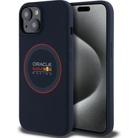 Coque rigide Red Bull RBHMP14S24SIILVR pour iPhone 14 6.1, bleu marine, en silicone, anneau rouge, compatible MagSafe.