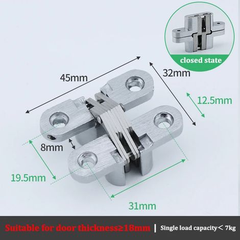 Charnière invisible (45 x 32 mm) en acier inoxydable, encastrée dans une boîte en bois, robuste et cylindrique. (1/5)