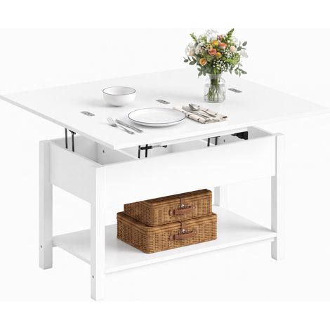 Homcom – Table basse relevable avec plateau pliant et rangements – MDF blanc – Dimensions 100x45x50,5cm – Mécanisme à vérin à gaz (1/5)