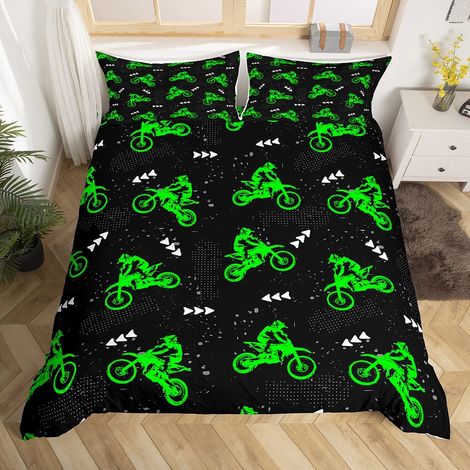 Parure de lit avec housse de couette de 135 x 200 cm et 1 taie d'oreiller, vert fluorescent, pour enfant garçon, motif de motocross, adolescent (1/5)