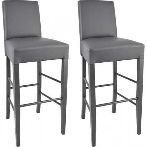 TONY - Lot de 2 Tabourets Laqués Gris et Assise Simili Cuir Gris (1/2)