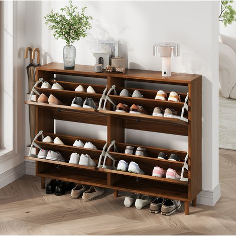 Scarpiera 120x24x90 cm con 4 ante a ribalta e 8 scomparti, MDF effetto noce, per ingresso (1/5)
