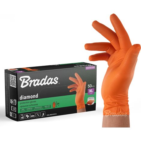 Gants en nitrile Diamond Orange XL (9-10), résistants à l'huile et aux produits chimiques, couleur vive pour une grande visibilité, paquet de 50 pièces, idéal pour le travail professionnel.