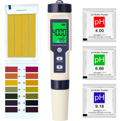 Jeffergarden Testeur multifonctions professionnel 5 en 1 pour l'eau : pH, conductivité électrique, TDS, salinité et température (1/5)