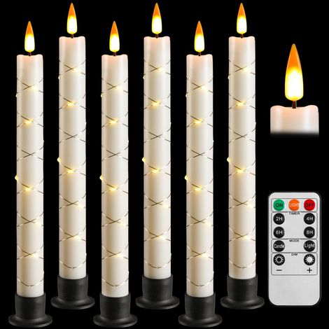 LED-Kerze mit Fernbedienung und Timer, batteriebetriebene Kerze mit Lichterketten, dynamischer 3D-Docht, 6er-Set, Elfenbein, mit 6 schwarzen Sockeln, für Heimdekoration