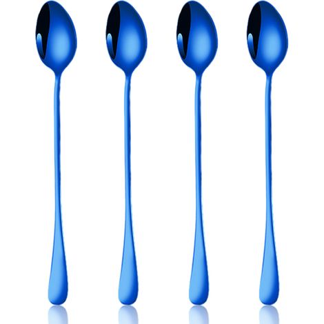 Lot de 4 cuillères à thé glacé à long manche, cuillères à cocktail, cuillères à café en acier inoxydable (tête de cuillère ovale) (1/5)