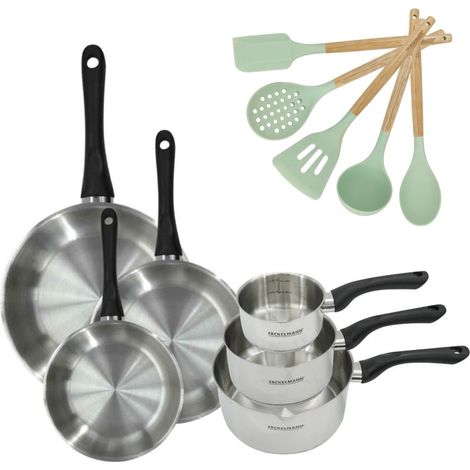 Lot de 3 poêles 20/24/28 cm en inox et 3 casseroles 12/16/20 cm Fackelmann Geneva avec 5 ustensiles (1/5)
