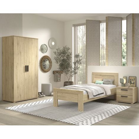 Ensemble lit 90x200cm + chevet + armoire 2 portes - PORI