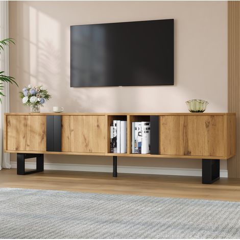 Meuble TV 160x40x50 cm en panneaux de bois naturel, avec rangement pour salon FLORAGRACE (1/5)