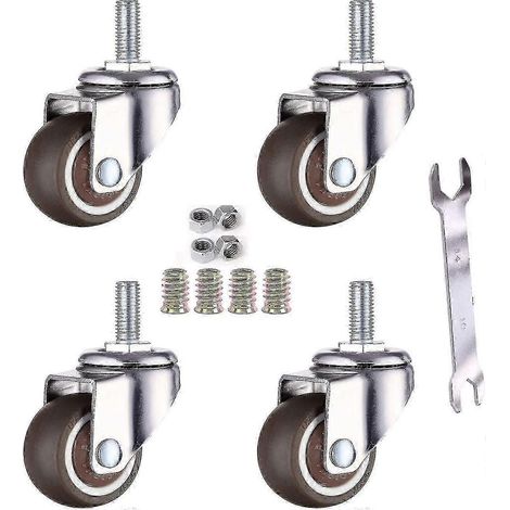 Lot de 4 roulettes pivotantes M6x15mm avec tige filetée de 32mm et revêtement en caoutchouc TPE (1/4)
