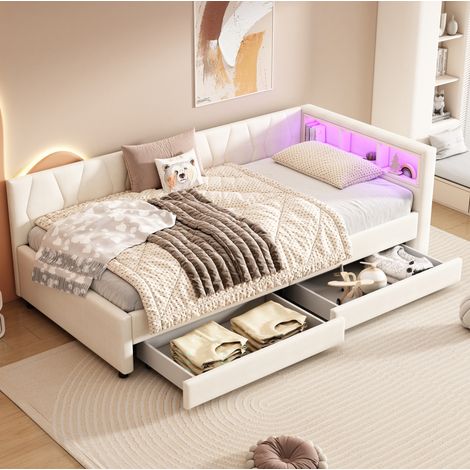 letto contenitore 90x200 LED USB MDF cassetti beige OKMYHOME (1/5)