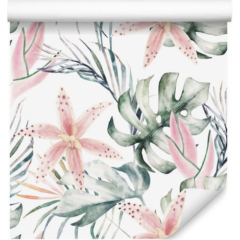 Papel pintado de orquídeas tropicales con hojas para salón y dormitorio, 50x1000 cm. (1/5)