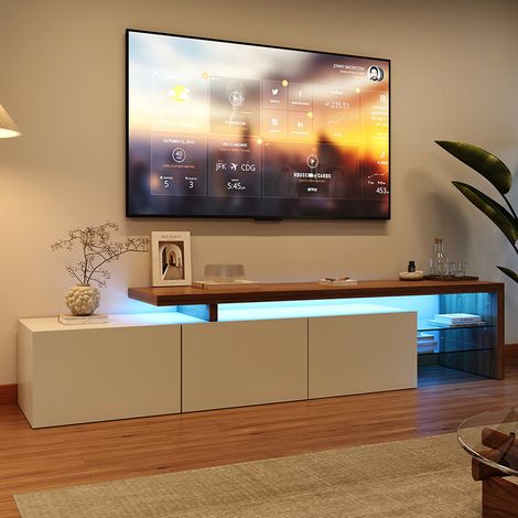 BLANKETSWARM - Meuble TV 200 cm avec éclairage LED - 3 Portes de Rangement et Étagères en Verre Intégrées - Meuble TV moderne  pour salon ou chambre - 220x39x42 cm, Blanc (1/5)