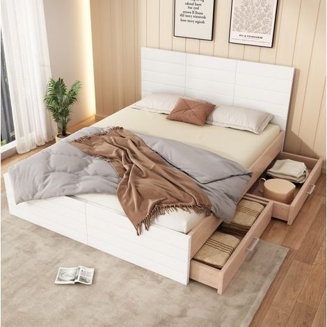 MEUBLIV Cama 180x200 cm blanco y roble claro – 2 cajones, sin colchón (1/5)