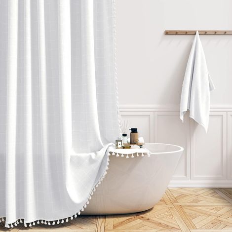 Rideau de douche Boho Farmhouse en lin rustique, tissu épais (1/5)