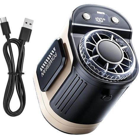 Ventilador portátil con linterna, recargable y con clip, ideal para acampar y hacer senderismo, color beige. (1/5)