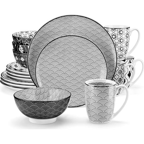 Kombiservice Speiseteller Dessertteller Becher 16 pcs Schwarz Creme