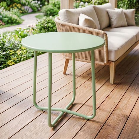 Table Basse Extérieure avec Bord Enroulé, Base en X avec Pieds Réglables en Hauteur, pour Salon Terrasse, Ø48x51cm, Vert (1/5)
