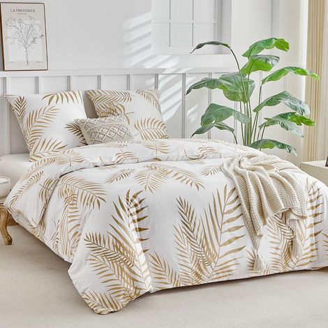 Parure de lit 220 x 240 cm, ensemble de 3 pièces de linge de lit 220 x 240 cm, housse de couette blanche avec motif de feuilles de palmier tropical doré, microfibre avec fermeture éclair, 2 (1/5)