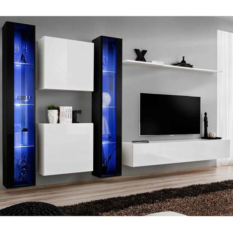 Meuble TV Mural Design "Switch XVI" 330cm Blanc & Noir (1/4)