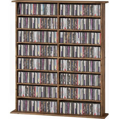 Meuble de rangement pour CD et DVD avec 16 compartiments et 12 étagères réglables, capacité maximale 720 CD / 396 DVD et Blu-ray, marron