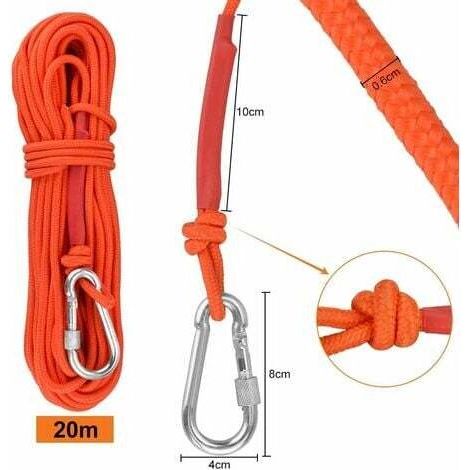 Corde d'escalade tressée en polypropylène de 20 mètres – résistante à la corrosion et aux UV – mousqueton en alliage d'aluminium – adaptée à l'alpinisme et au sauvetage. (1/4)