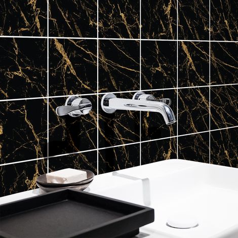 Sticker Mural Carrelage adhésif Cuisine Salle de Bain - 9 STICKERS CARRELAGES MARBRE NOIR DE PAROS - 9stickers10x10cm (1/5)