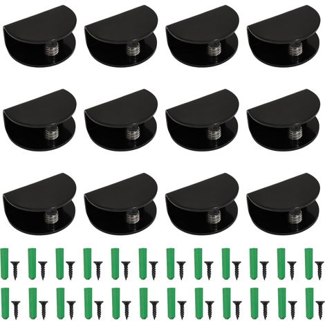 12 Pièces Pince à Verre en Acier Inoxydable 201, Support d'Étagère en Verre, Support de Fixation Etagere en Verre Noir Demi-Rondes avec Vis (Noir, Demi-Cercle, pour Verre de 6 à 12 mm d'épaisseur) (1/5)
