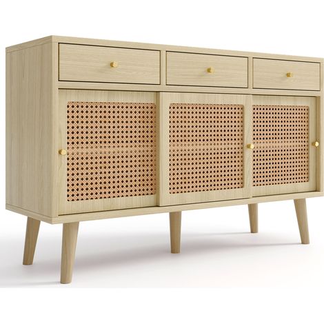 Madia con 3 cassetti e 3 ante in rattan, ripiani regolabili, rovere 120x40x78 cm MODENUIT (1/5)